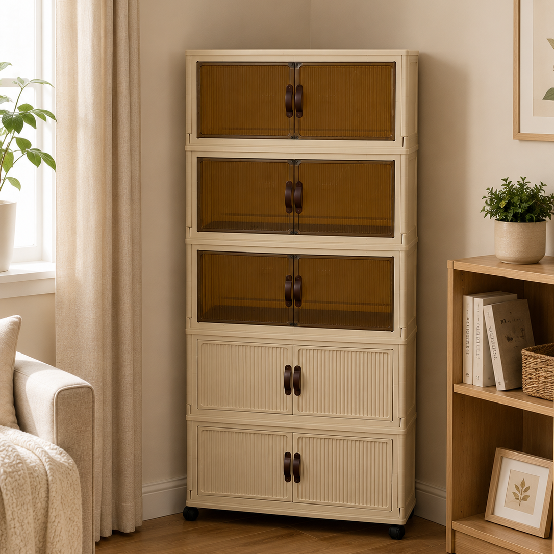 5-Tier Foldable Storage Cabinet with Glass Doors in a Room with a Couch and Plants