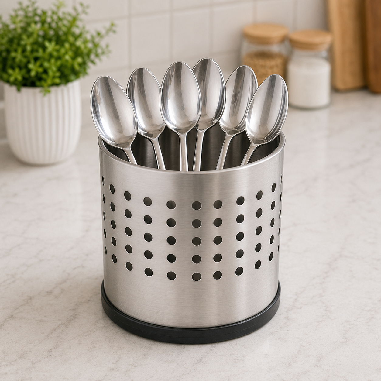 6-Piece Stainless Steel Spoon Set in a cutlery holder kept n a kitchen countertop.