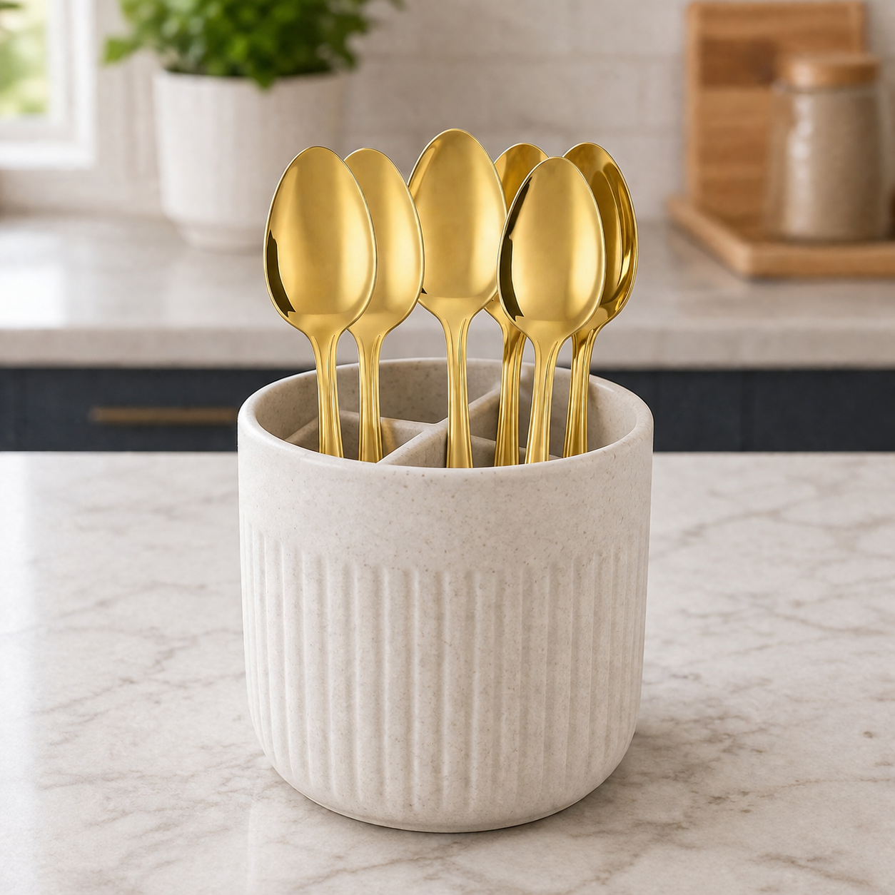 6-Piece Stainless Steel Spoon Set in a cutlery holder kept n a kitchen countertop.
