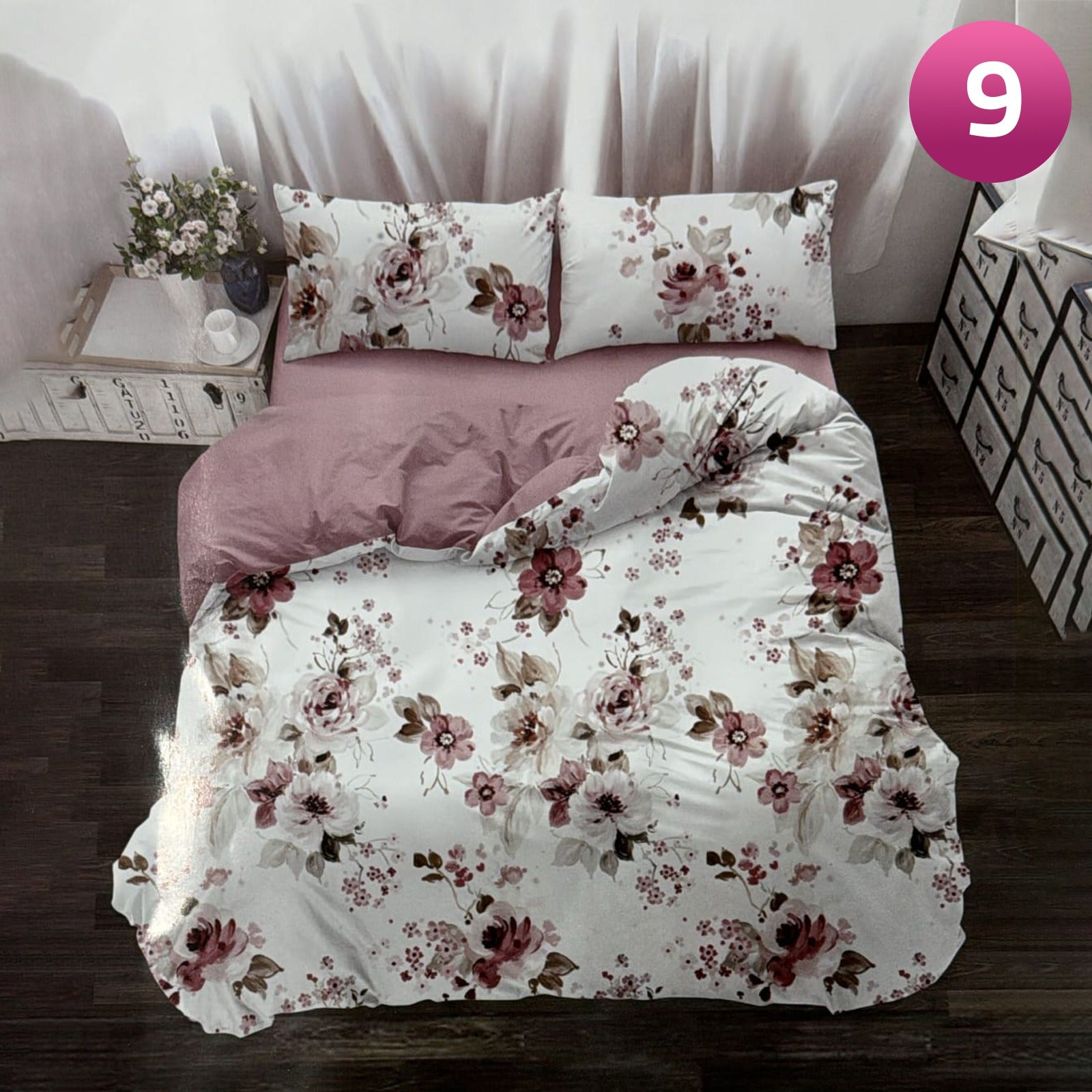 6-piece bedding set with floral comforter, fitted sheet, and pillow covers on a king bed.