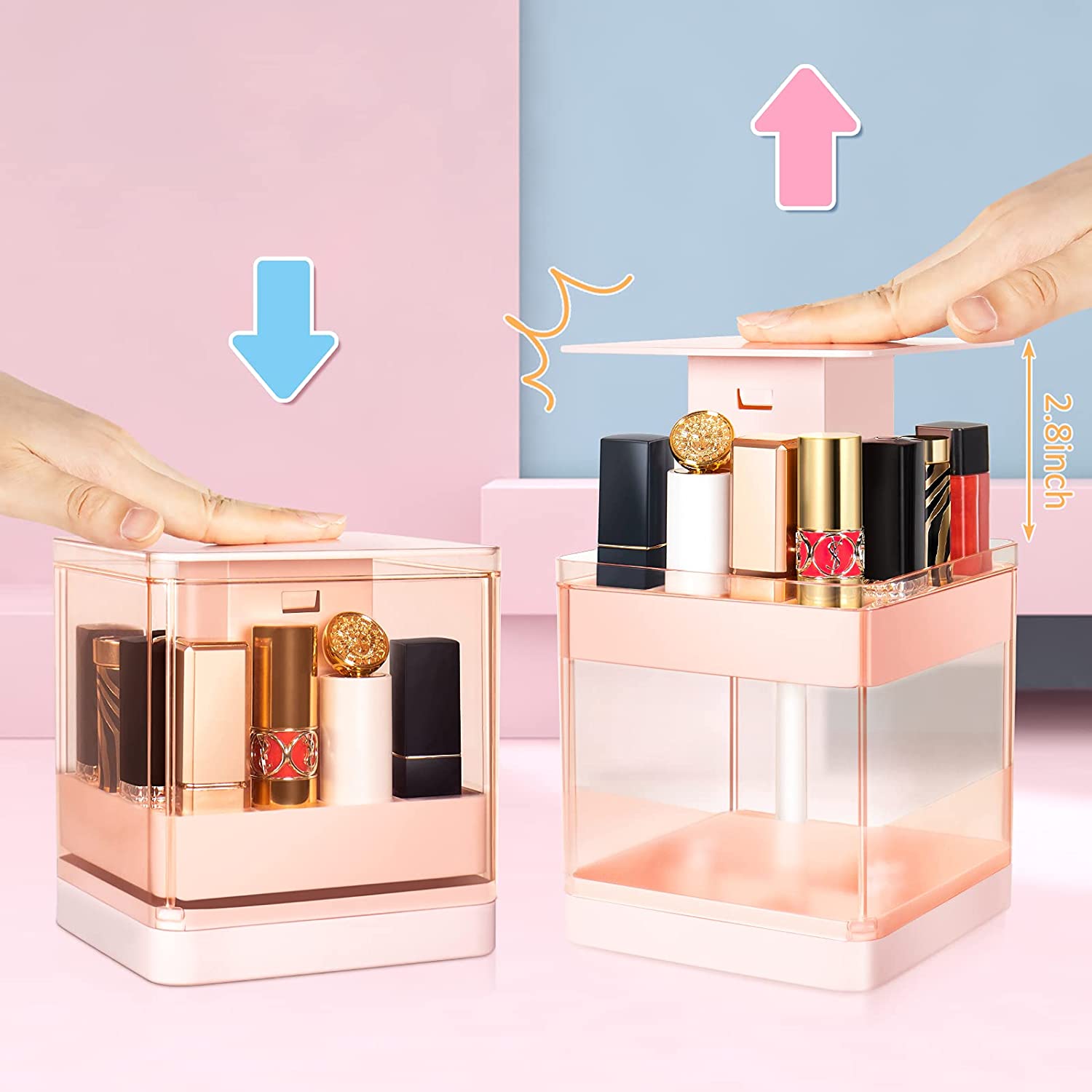 Someone is pressing the top of the Grids Press Lift Cosmetic Storage Box