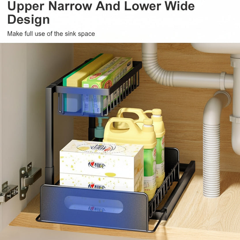 Under-sink organizer with items like boxes and bottles, text indicating design features.