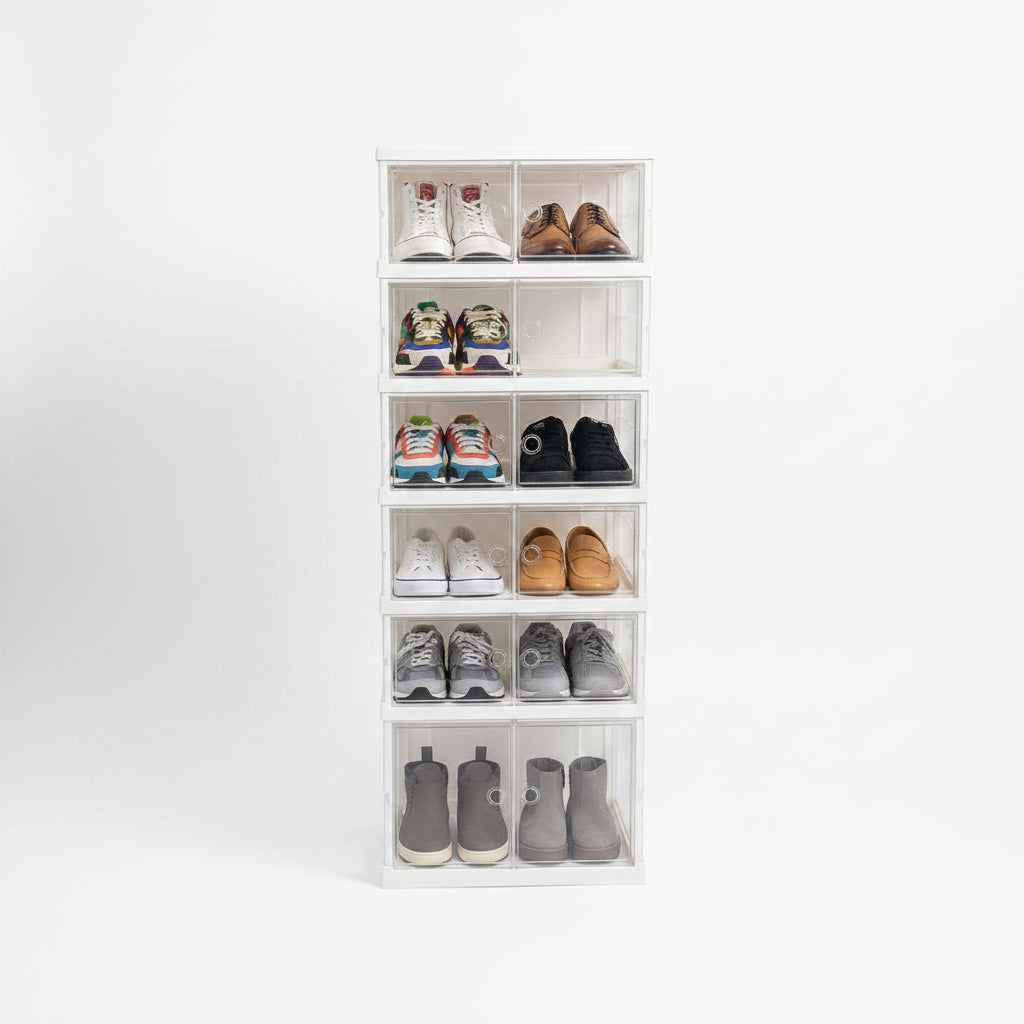 Clear Plastic Shoe Organizer with Shoes Displayed on a White Background