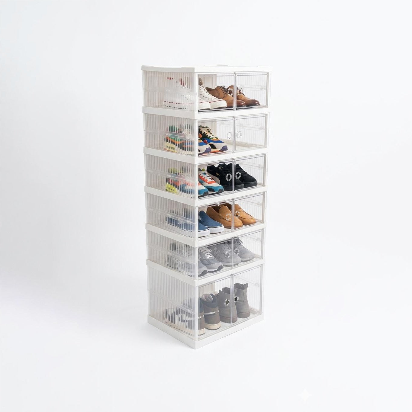 Clear Plastic Shoe Organizer with Shoes Displayed on a White Background