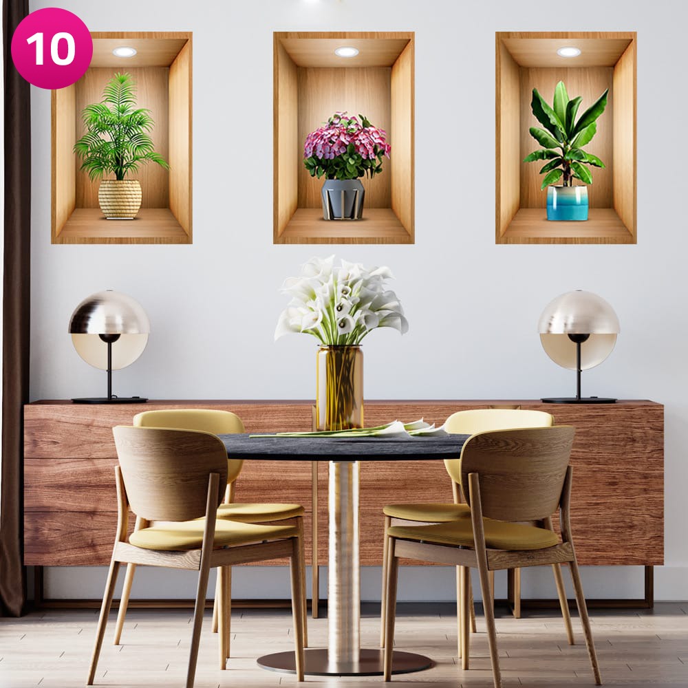 3D Effect Potted Triptych Posters, Decorative Wall Plant Stickers