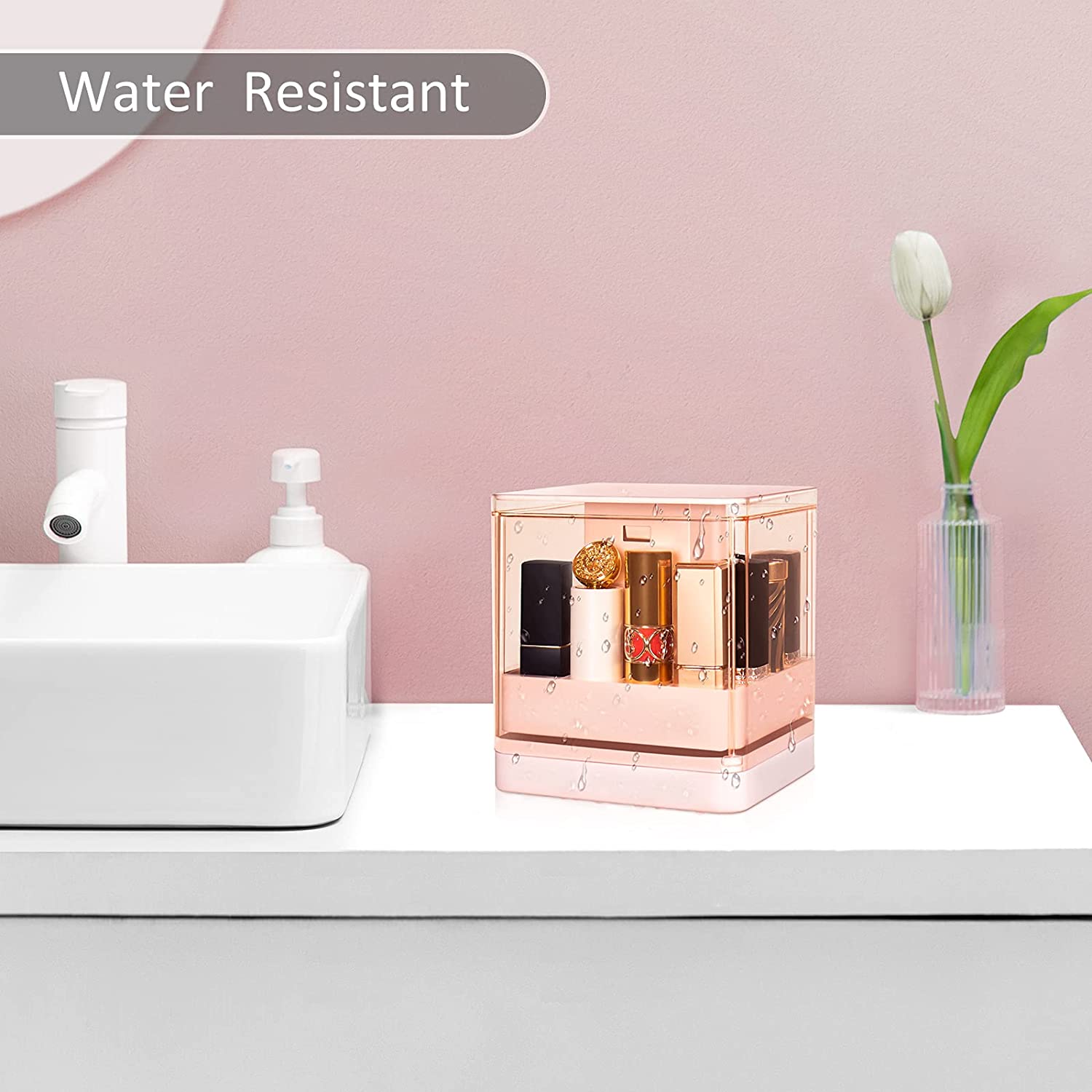 Grids Press Lift Cosmetic Storage Box placed next to sink