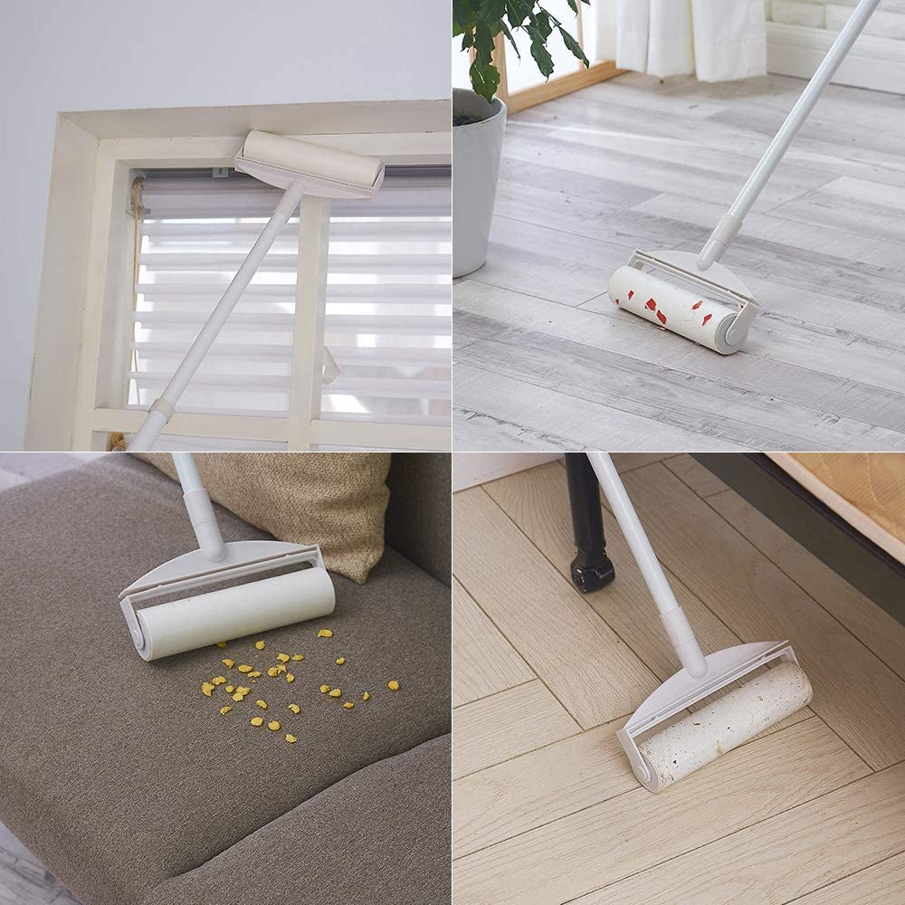 A collage showing cleaning with the help of Sticky Mop with Sticky Paper Roller, 60 Sheets