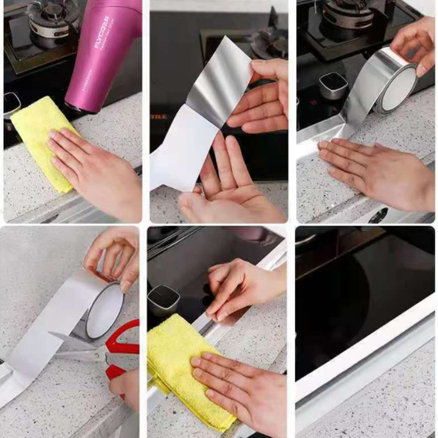 Collage image showing the steps to stick the Leakproof Aluminum Foil Tape on a surface 