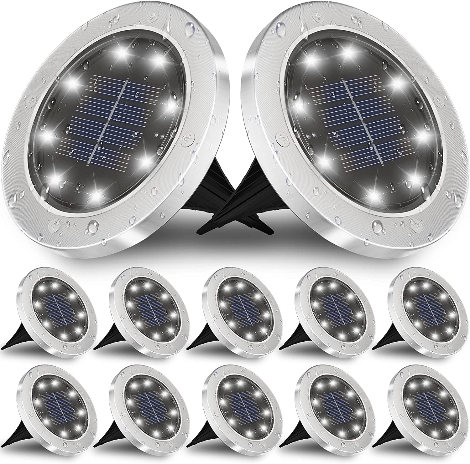 مصابيح قرصية LED خارجية تعمل بالطاقة الشمسية للحدائق، مصباح أرضي شمسي مقاوم للماء من الفولاذ المقاوم للصدأ بمعيار IP65 [عبوة من 4 قطع]