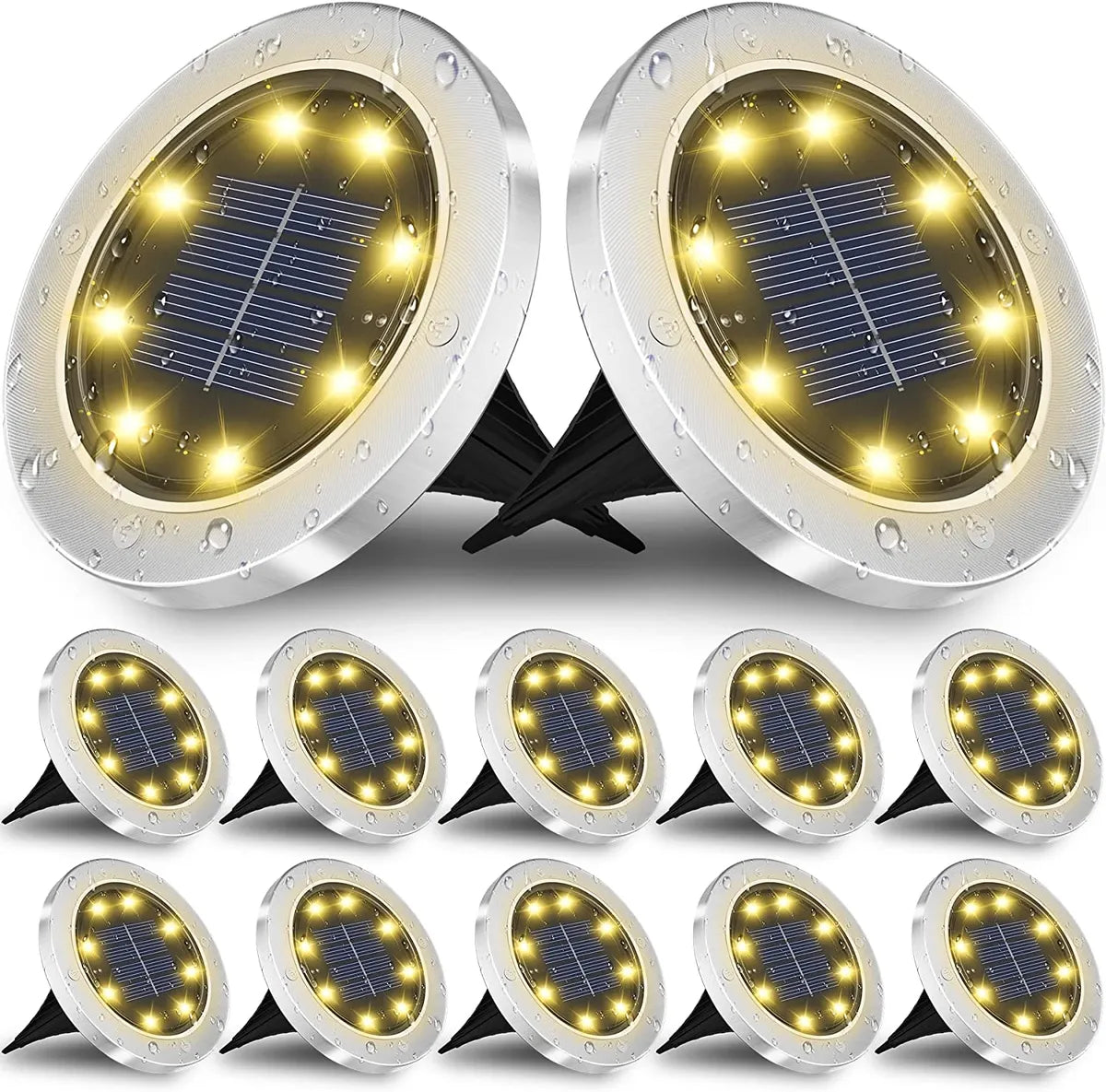 مصابيح قرصية LED خارجية تعمل بالطاقة الشمسية للحدائق، مصباح أرضي شمسي مقاوم للماء من الفولاذ المقاوم للصدأ بمعيار IP65 [عبوة من 4 قطع]
