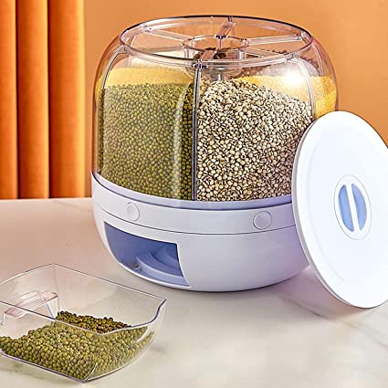Rotating Rice Dispenser 6-Grids Rice Cereal Grains Storage Container, One-Click Rice Output