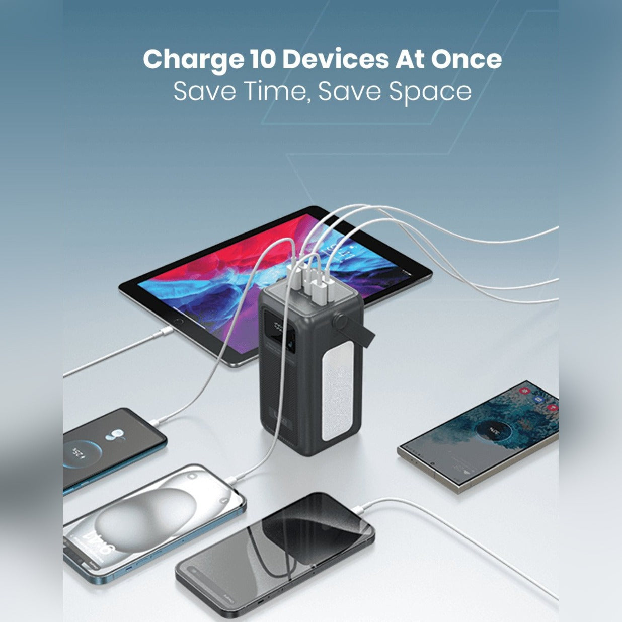 A Moxedo Lite 50,000mAh Mini Power Station charging multiple devices simultaneously, showcasing multi-device fast charging convenience.