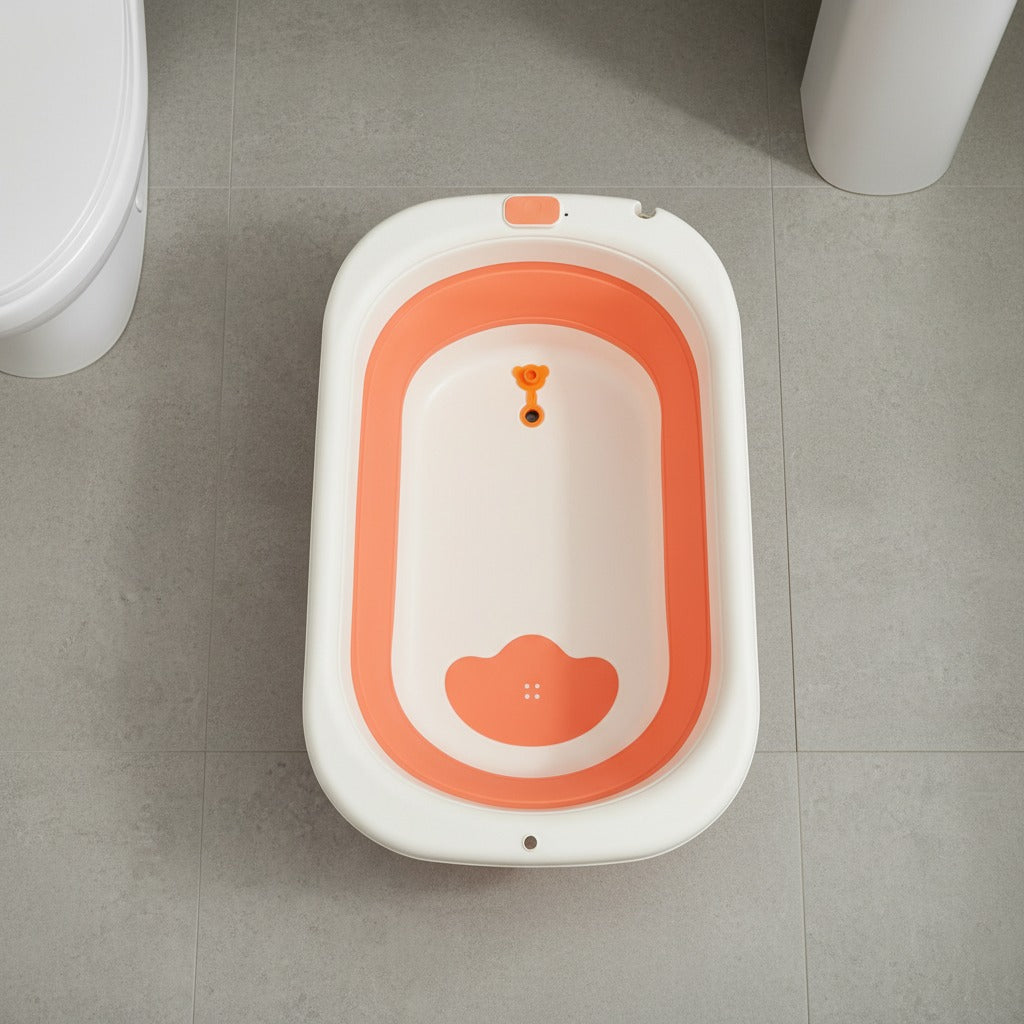 A A Newborn bathtub is arranged in a bathroom.