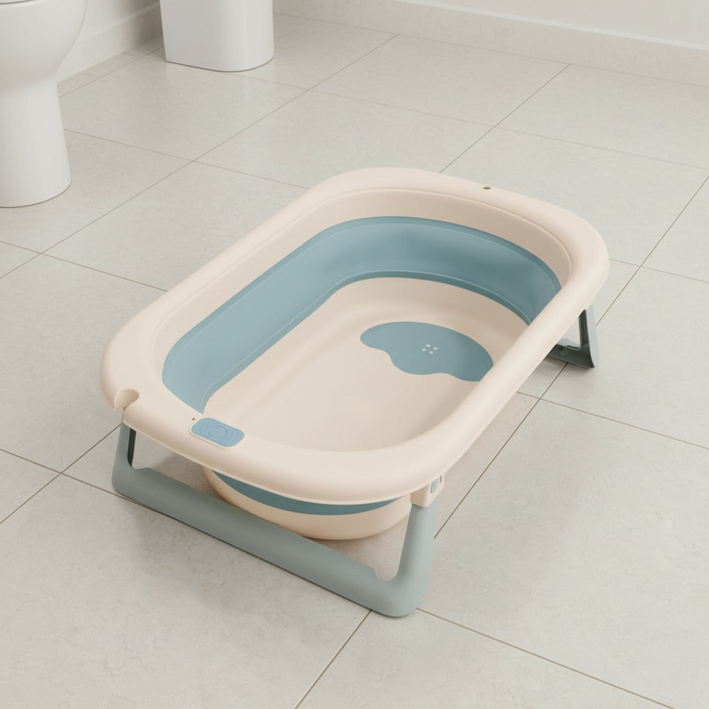 A Newborn bathtub is arranged in a bathroom.