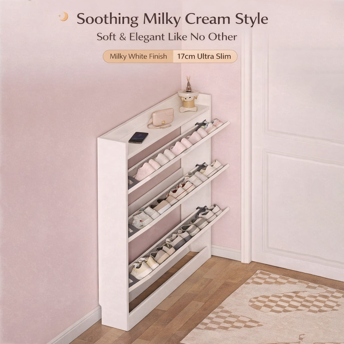A slim shoe cabinet with flip drawers that neatly stores shoes while saving space, with a top surface for décor or essentials.