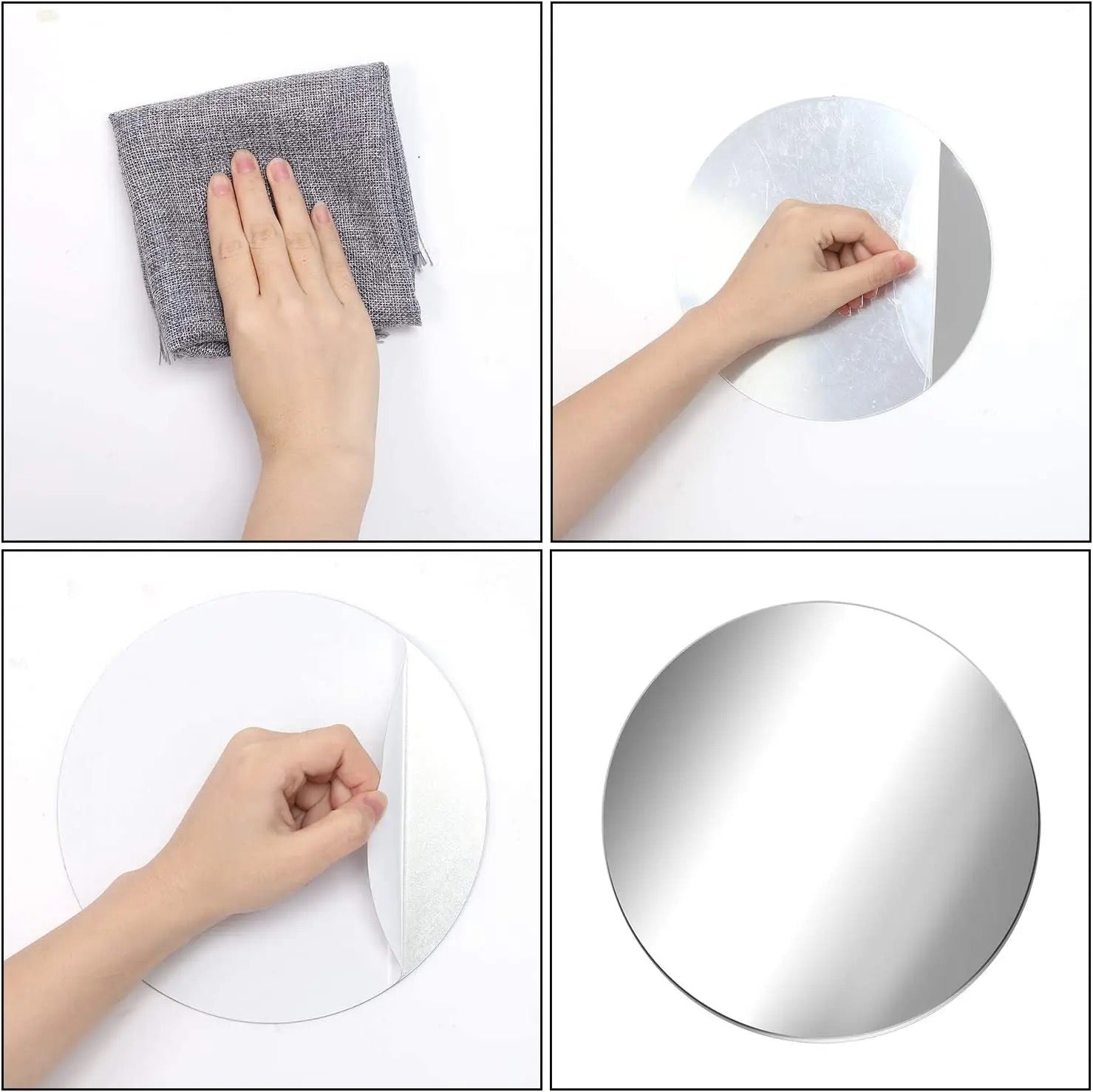A collage featuring the process of peeling the protective layer from HD Self-Adhesive Acrylic Mirror Tiles