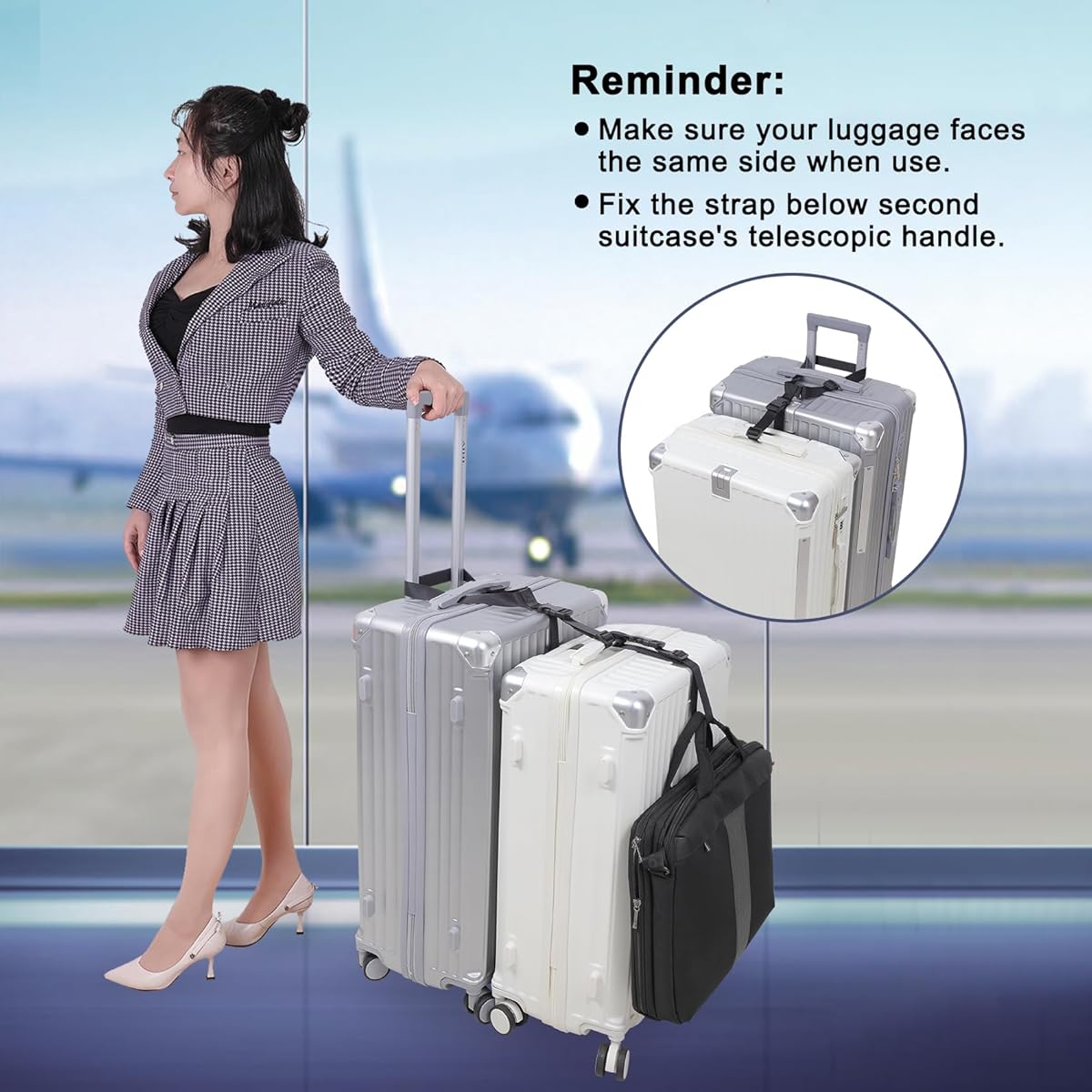 Woman with suitcases at an airport, with text on luggage usage and Adjustable Luggage Strap attachment.