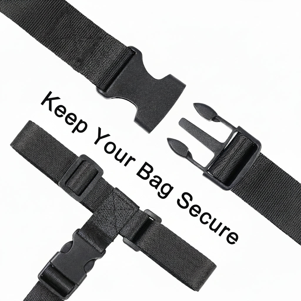Adjustable Luggage Strap with buckles and text.