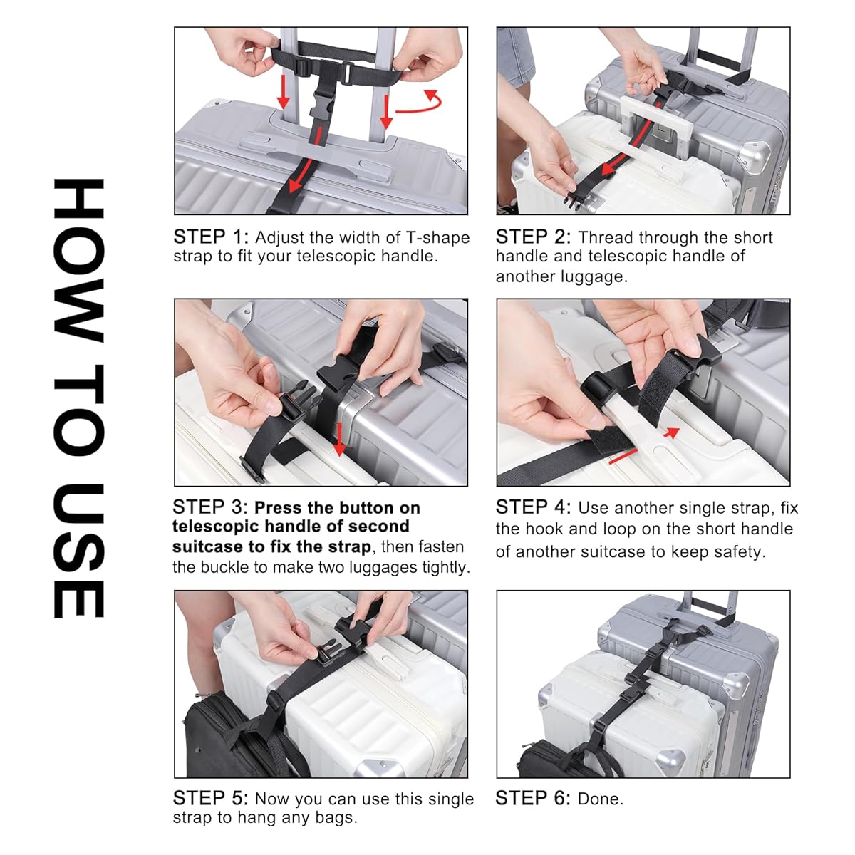 Step-by-step guide on how to use a luggage strap with images of hands adjusting and using the strap.