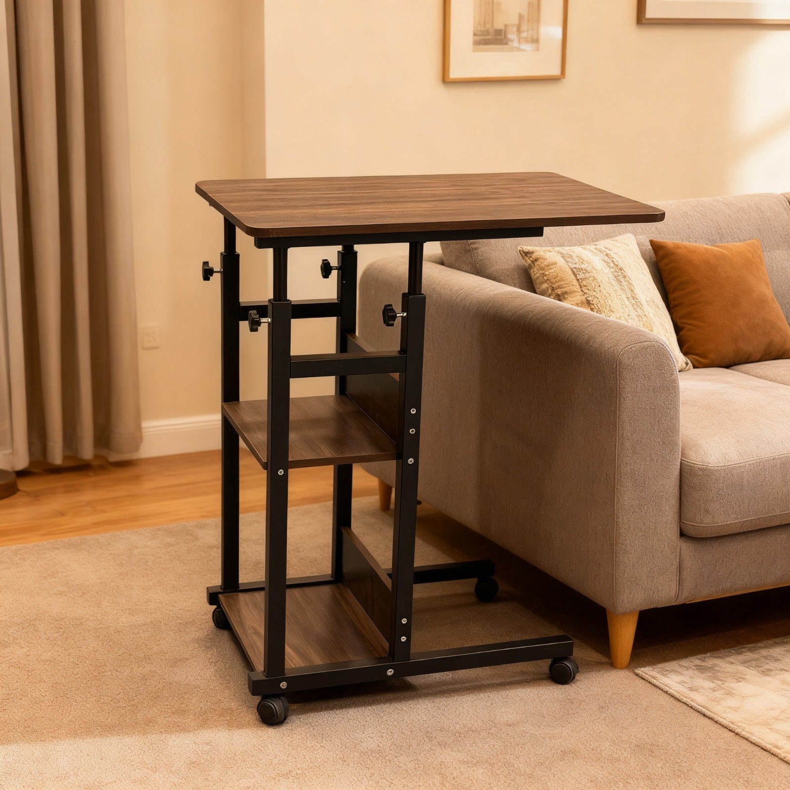 An adjustable overbed laptop table placed in a cozy living room, featuring a sofa with decorative cushions.
