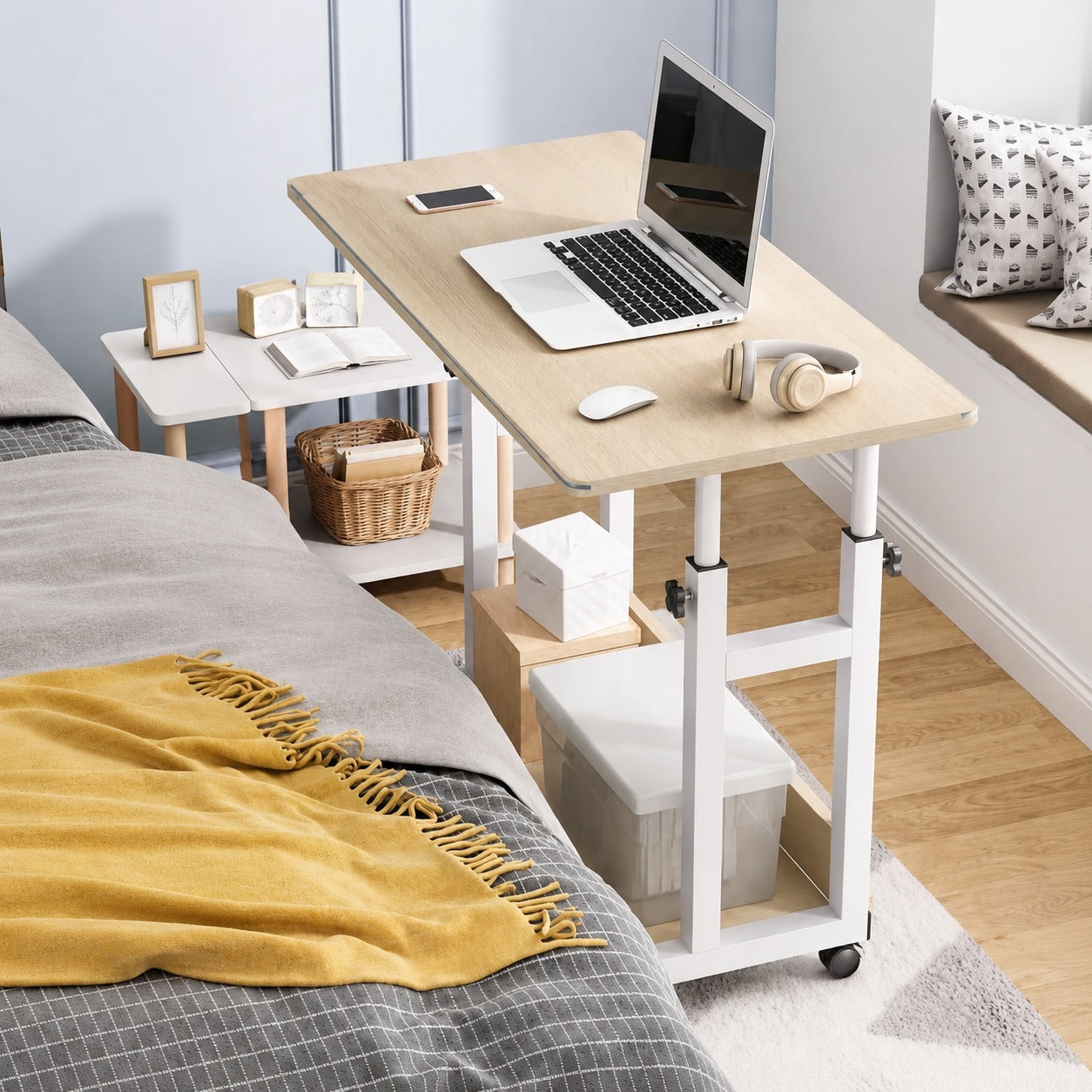 Adjustable Rolling Laptop Desk with Storage Shelf, Overbed Table for Bedroom & Home Office