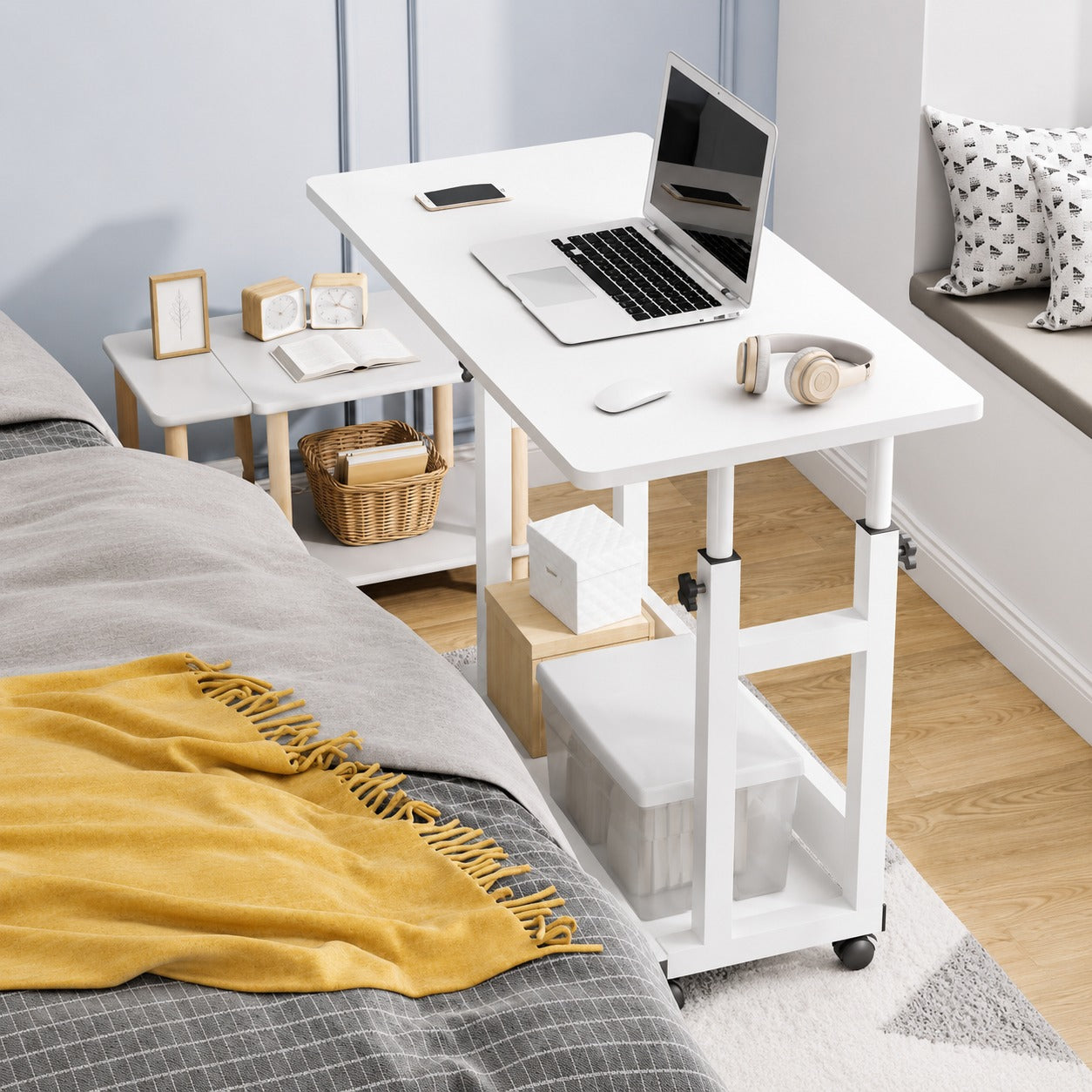 Adjustable Rolling Laptop Desk with Storage Shelf, Overbed Table for Bedroom & Home Office