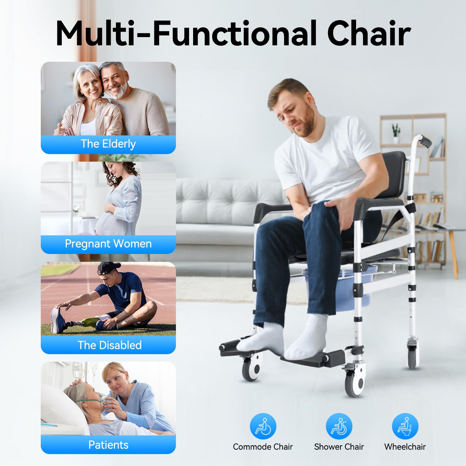 A Disabled Person is Using Adjustable Shower Commode Chair with Wheels.