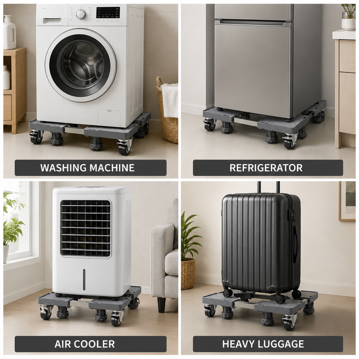 Four different appliances on their Adjustable Washing Machine Stand with labels for washing machine, refrigerator, air cooler, and heavy luggage.