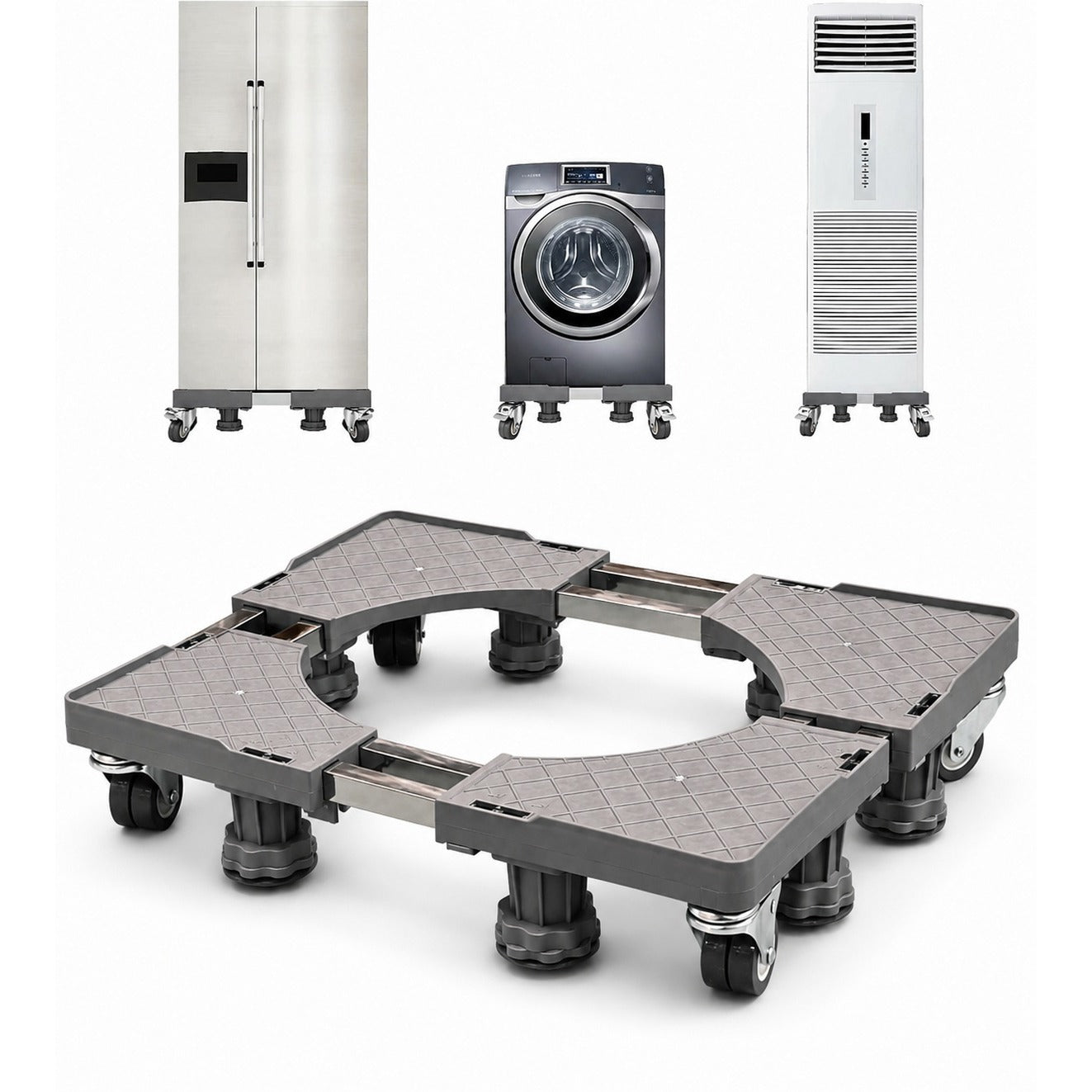 Adjustable Washing Machine Stand with a washing machine and dryer in the background on a white background