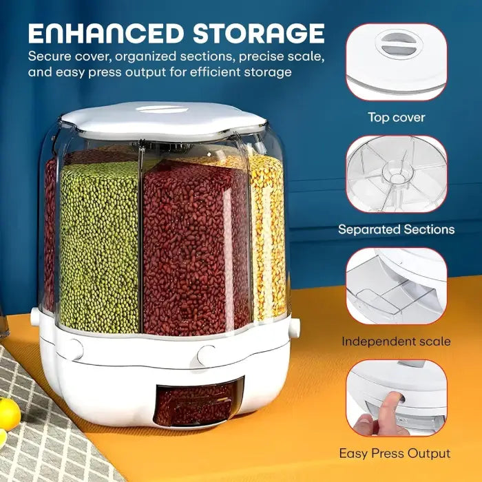 10L Rotating Rice Barrel Multi-Grain Storage Container with labeled features on a blue and orange background