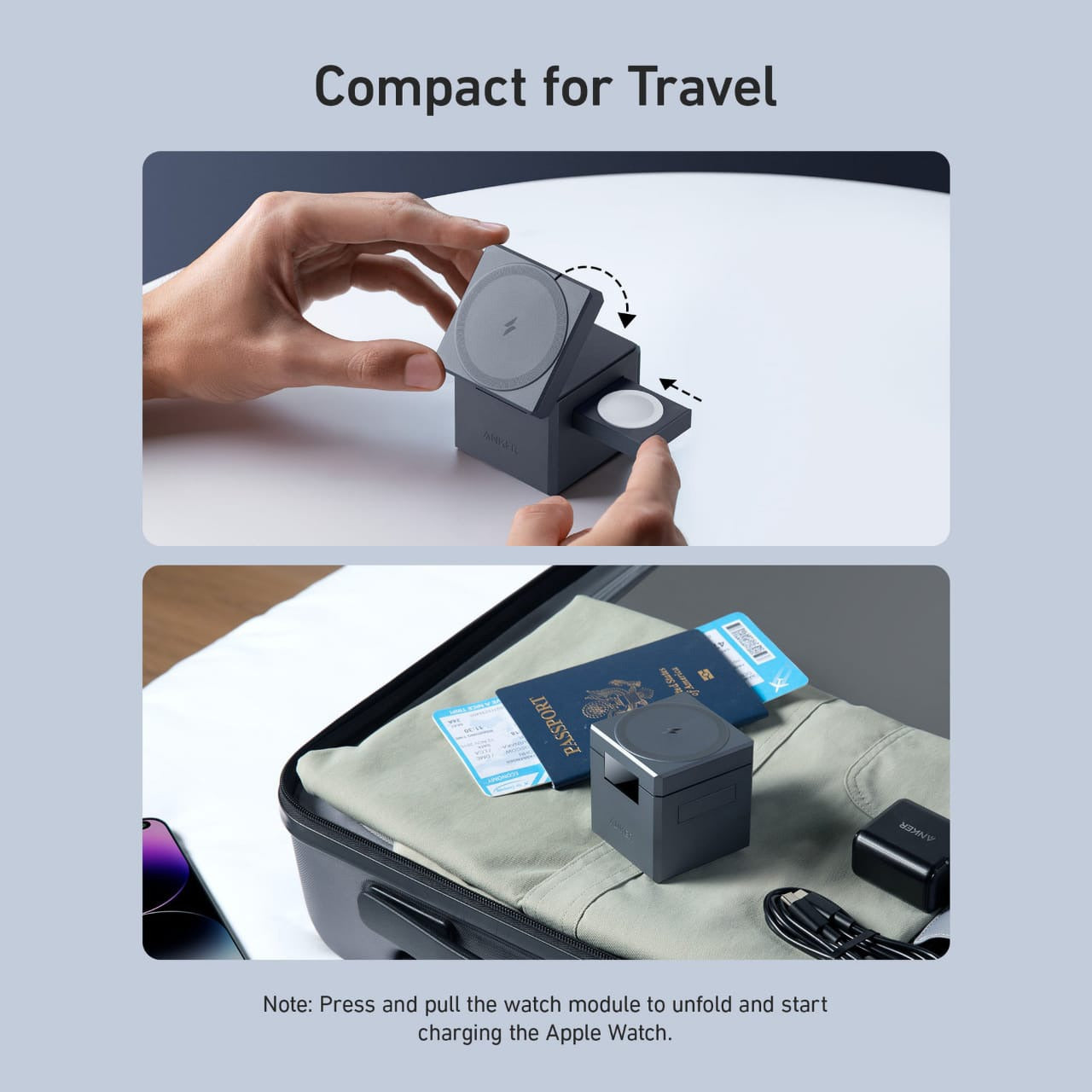 A person is demonstrating Anker 3-in-1 Cube with MagSafe.