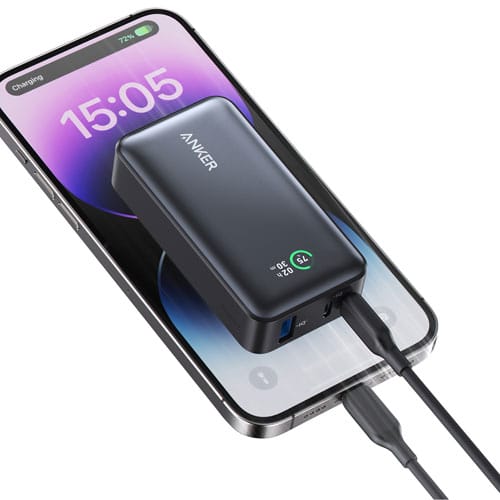 Anker 533 Power Bank 10,000mAh(PowerCore 30W) Series 5 - A1256H11 Placed Above Mobile Phone.