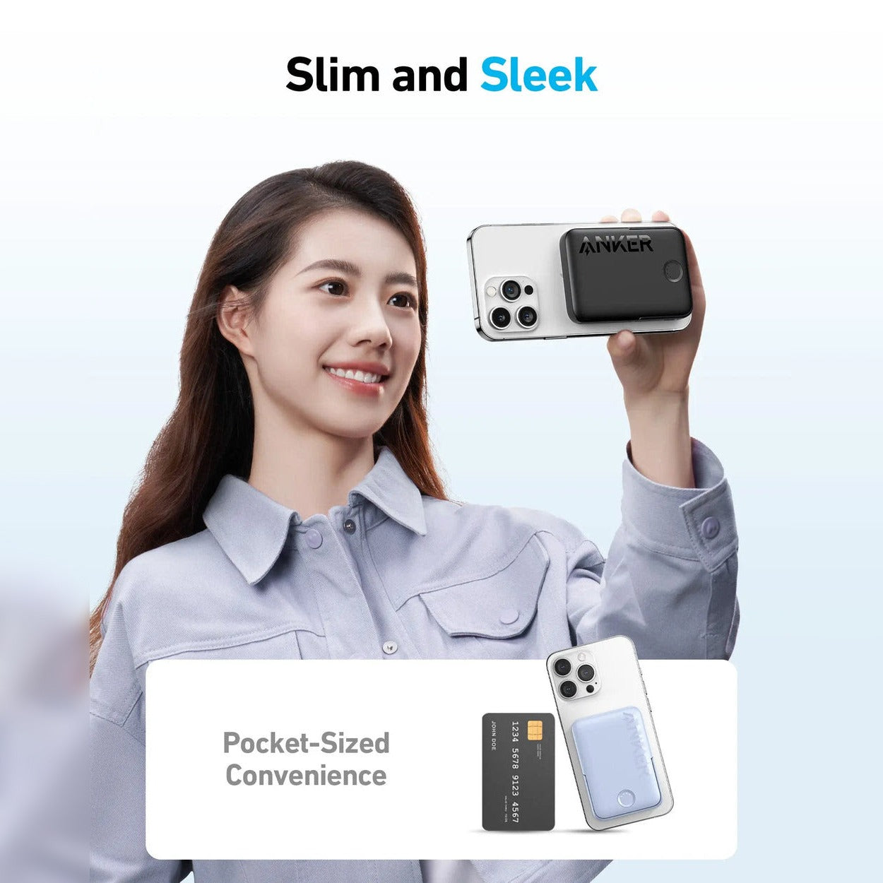 A Lady is Holding Anker MagGo 322 Power Bank Attached to Mobile Phone.
