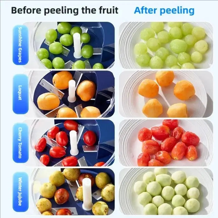 Comparison of fruits before and after peeling in a packaging tray using Automatic Electric Fruit & Vegetable Peeler