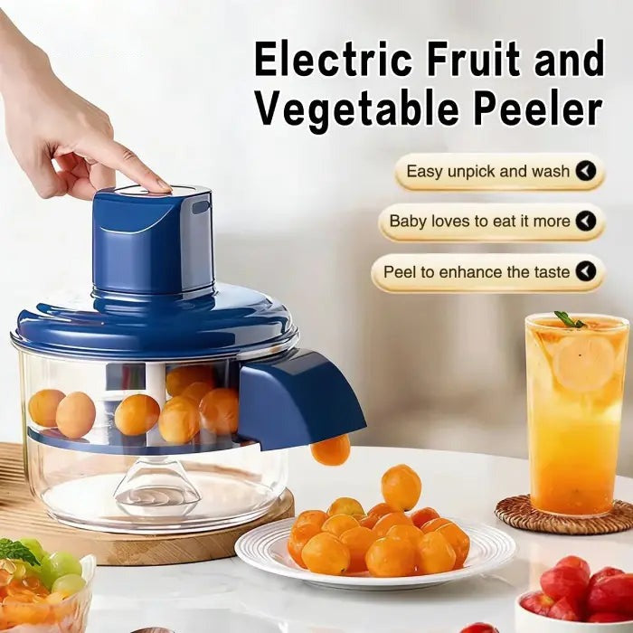 Automatic Electric Fruit & Vegetable Peeler with fruits and a person operating it.