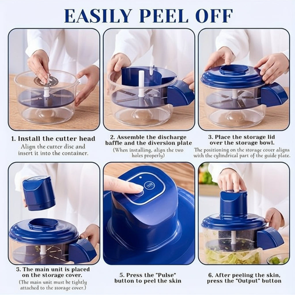 Step-by-step assembly and usage instructions for a Automatic Electric Fruit & Vegetable Peeler