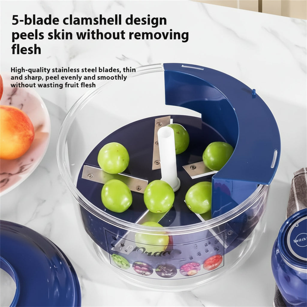 Automatic Electric Fruit & Vegetable Peeler with 5 blades and green apples inside, on a white surface.