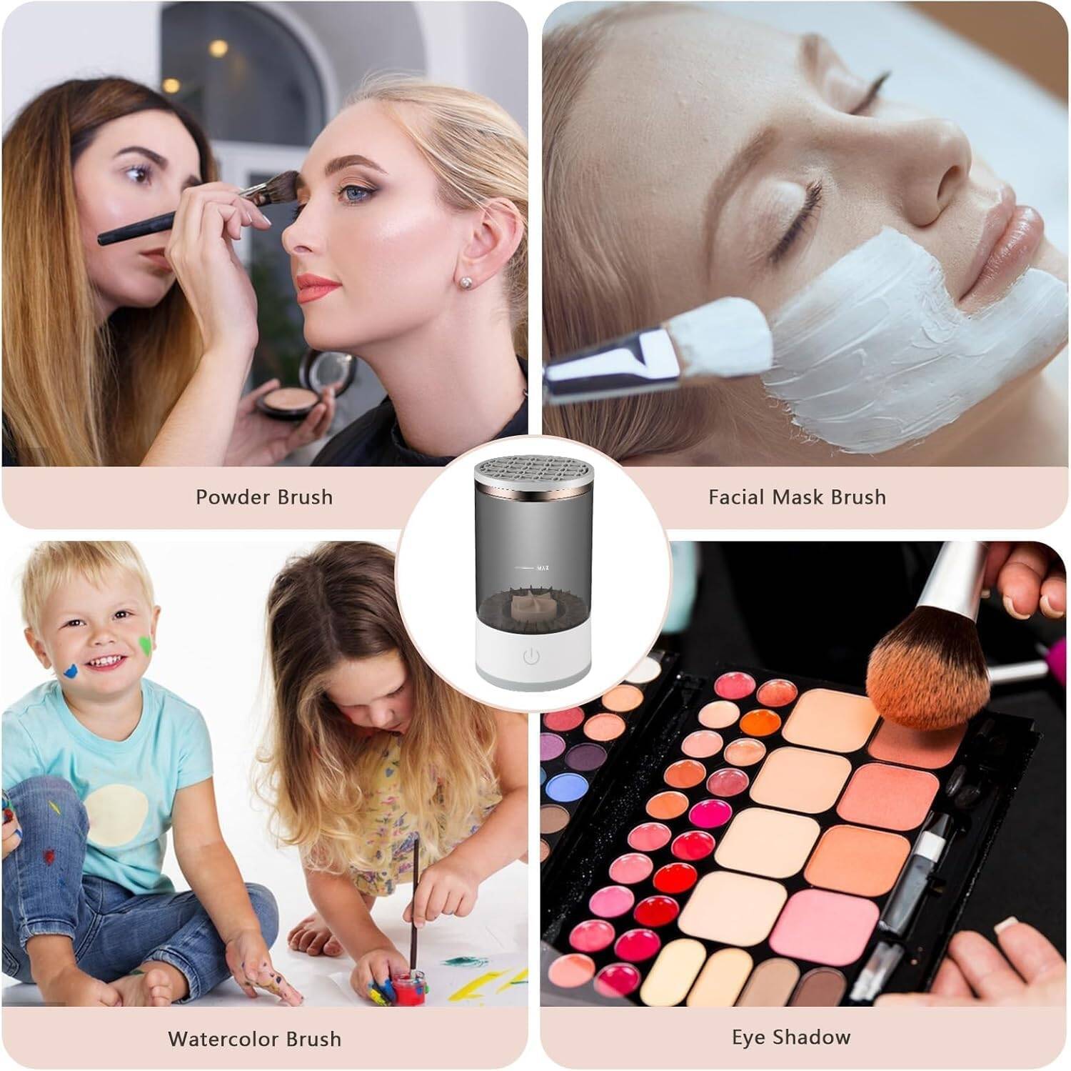 Collage of makeup tools including powder brush, facial mask brush, watercolor brush, and eye shadow palette.