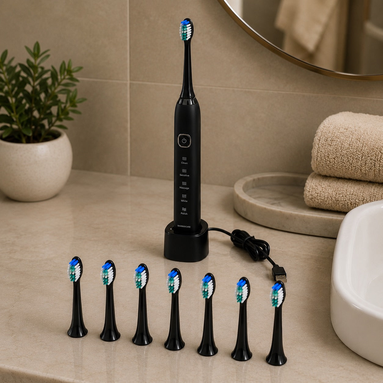 Black electric toothbrush with multiple brush heads on a bathroom counter.