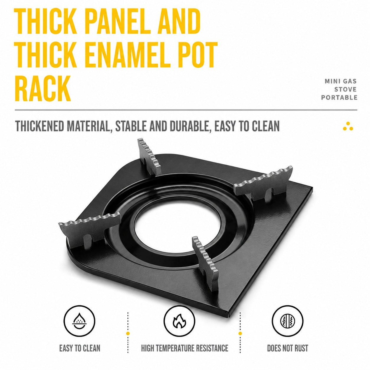 Portable mini gas stove with thick panel and enamel pot rack on a white background