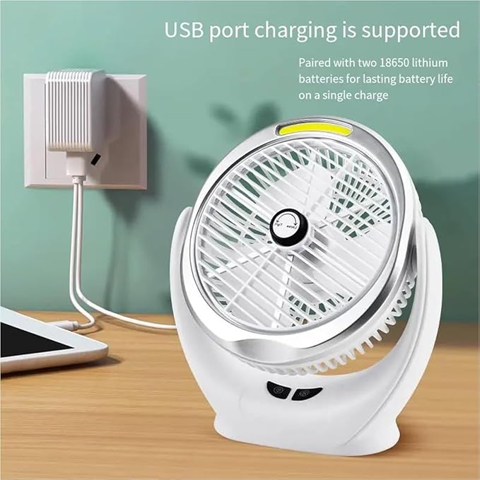 COB Light Multifunction USB Rechargeable Desktop Fan on a wooden surface with a green wall background