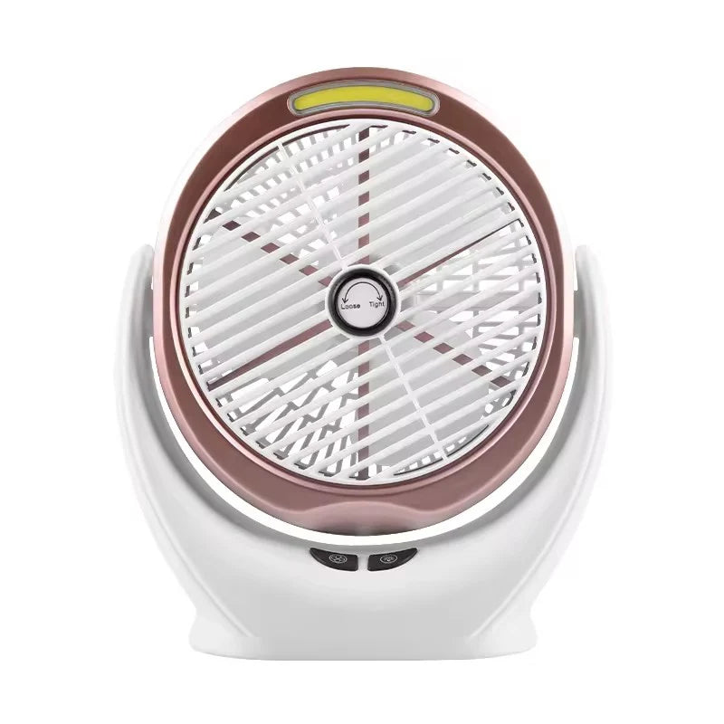 COB Light Multifunction USB Rechargeable Desktop Fan with white blades and rose gold frame on a white background