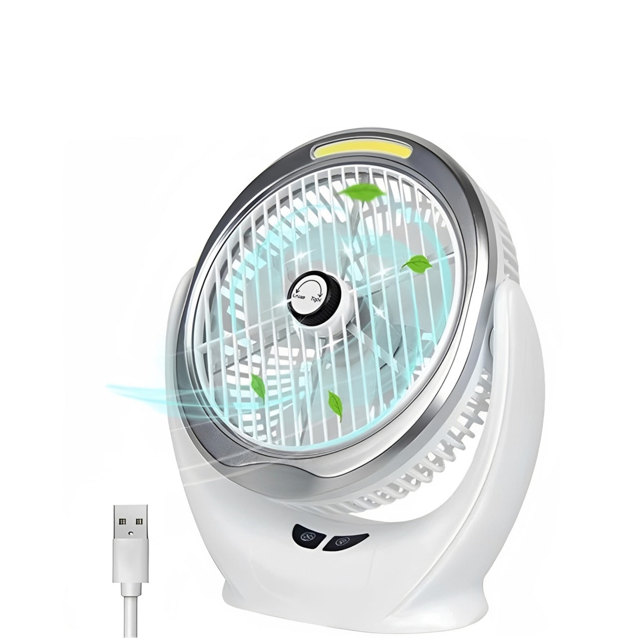 COB Light Multifunction USB Rechargeable Desktop Fan with USB cable on a white background