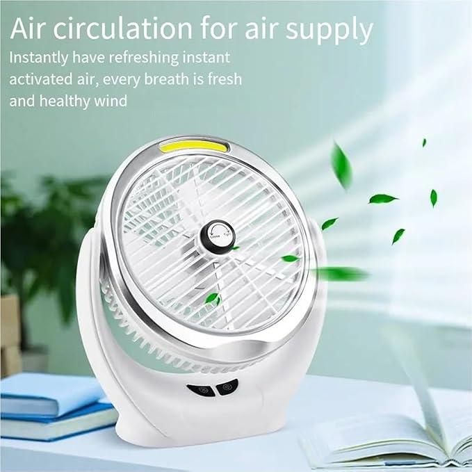 COB Light Multifunction USB Rechargeable Desktop Fan with text about air circulation on a light blue background