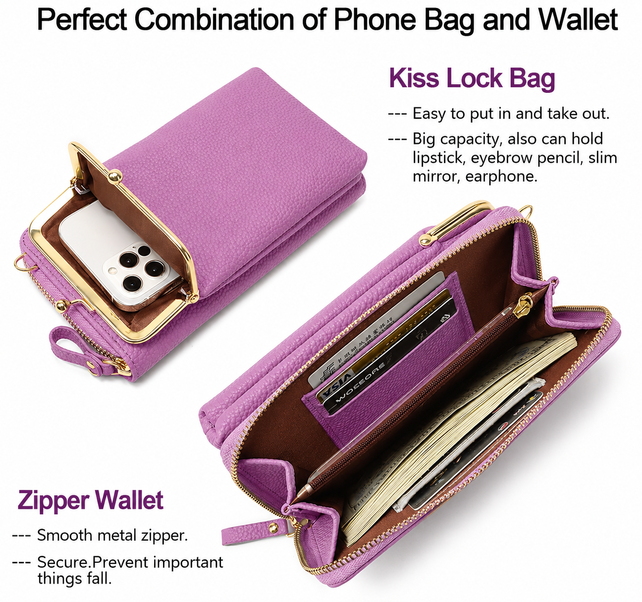 Vertical One Shoulder Mobile Phone Case Wallet Purse Bag with Adjustable Strap For Women