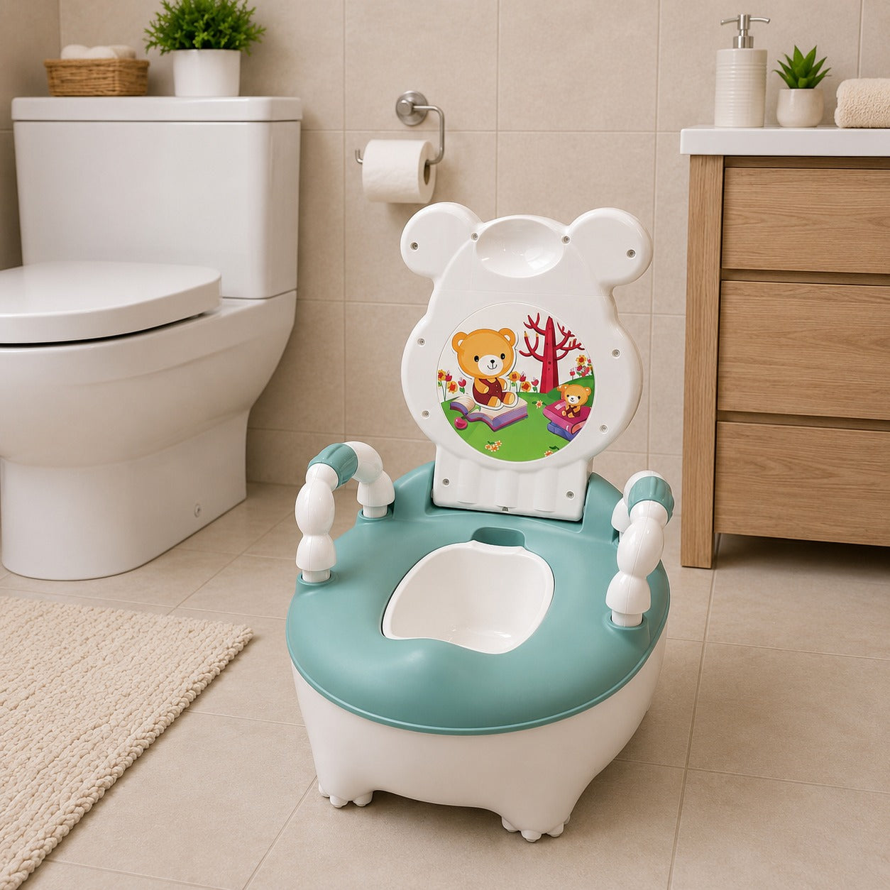 Children's potty seat with cartoon design in a bathroom setting
