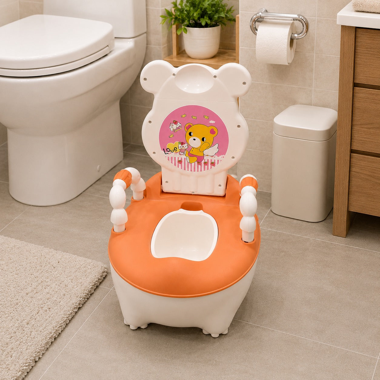 Children's potty chair with cartoon design in a bathroom setting