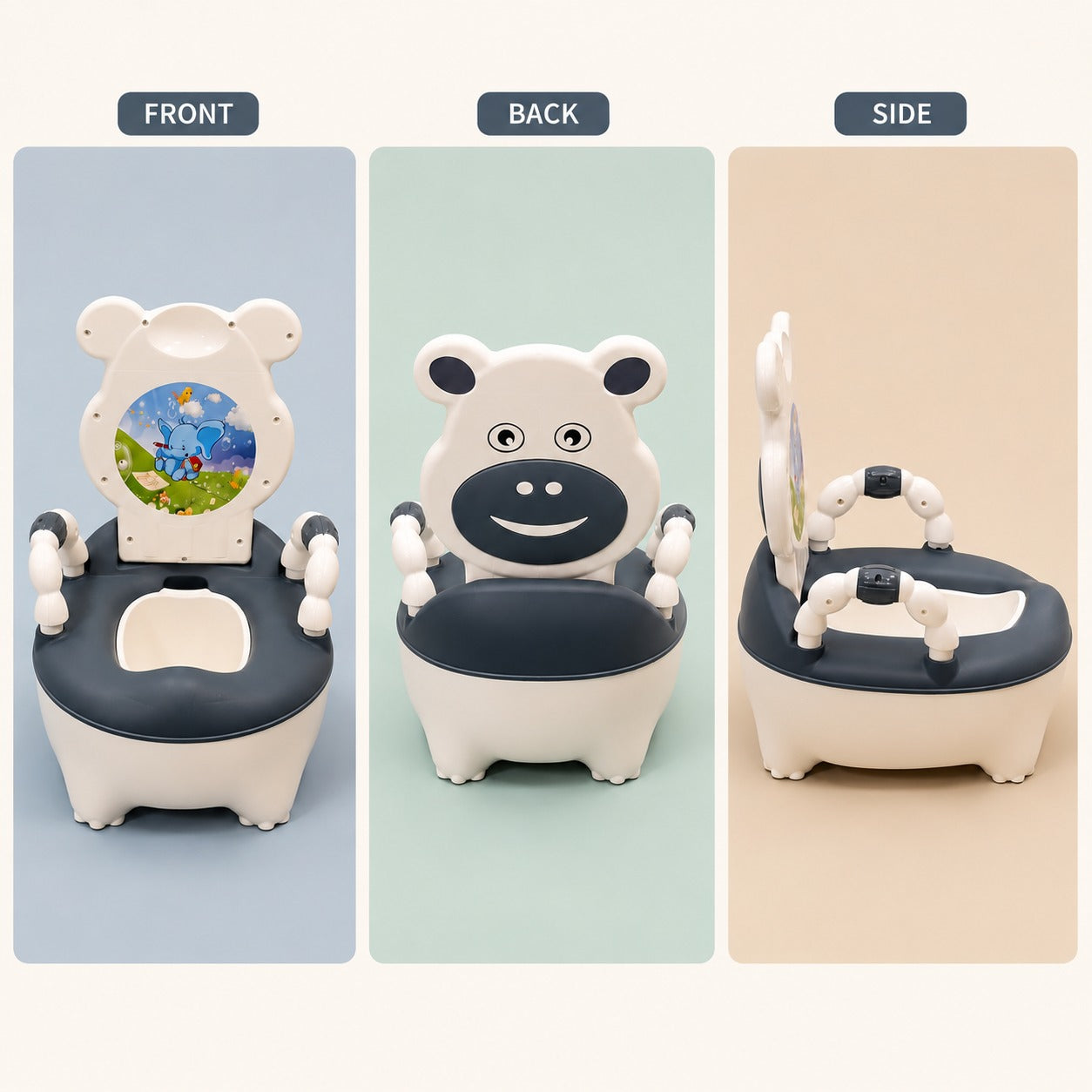 Children's potty chair shown from front, back, and side views.