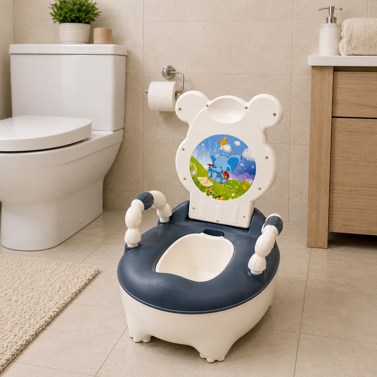 Children's potty chair with cartoon design in a bathroom setting