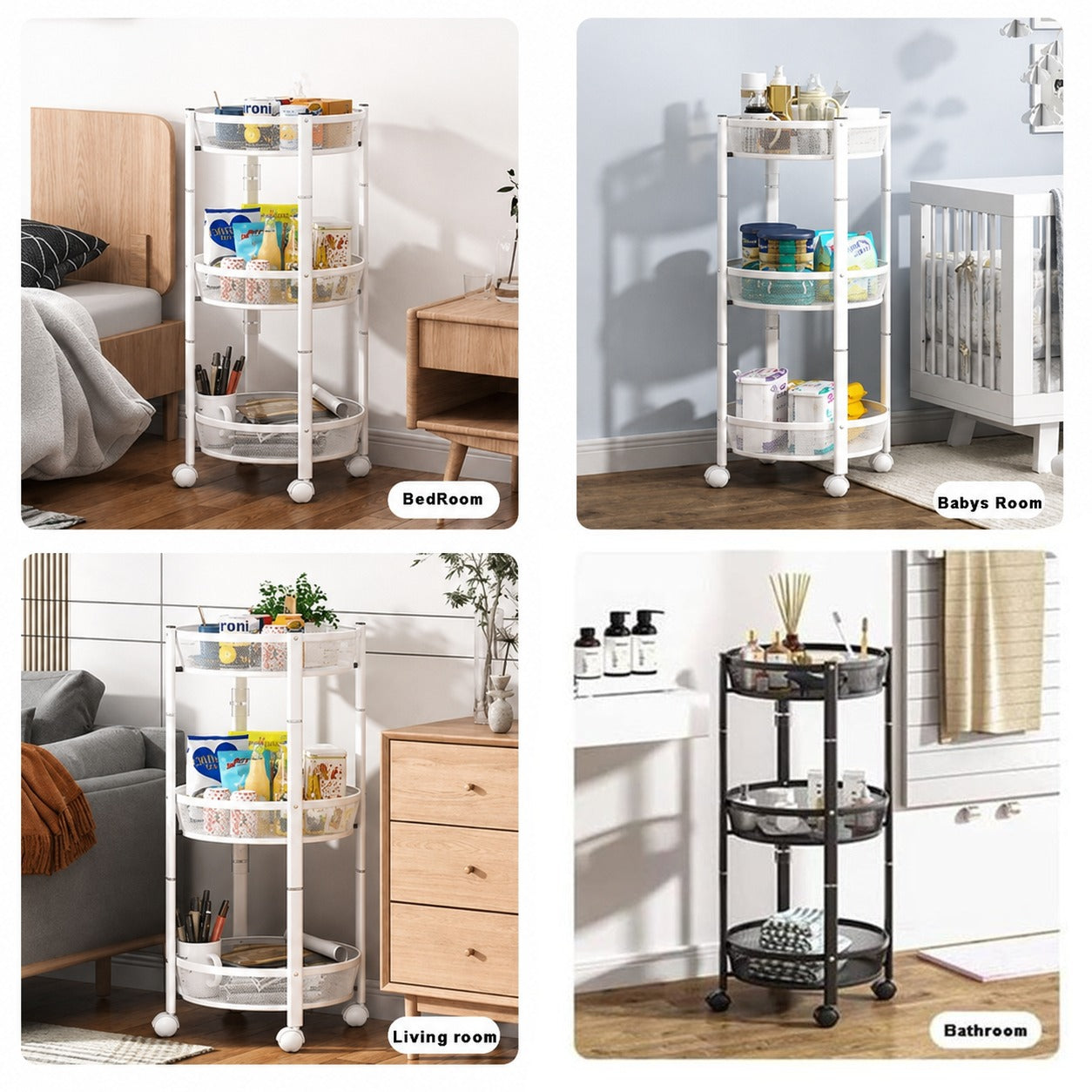Collage of a multi-purpose cart in various rooms including bedroom, living room, and bathroom.